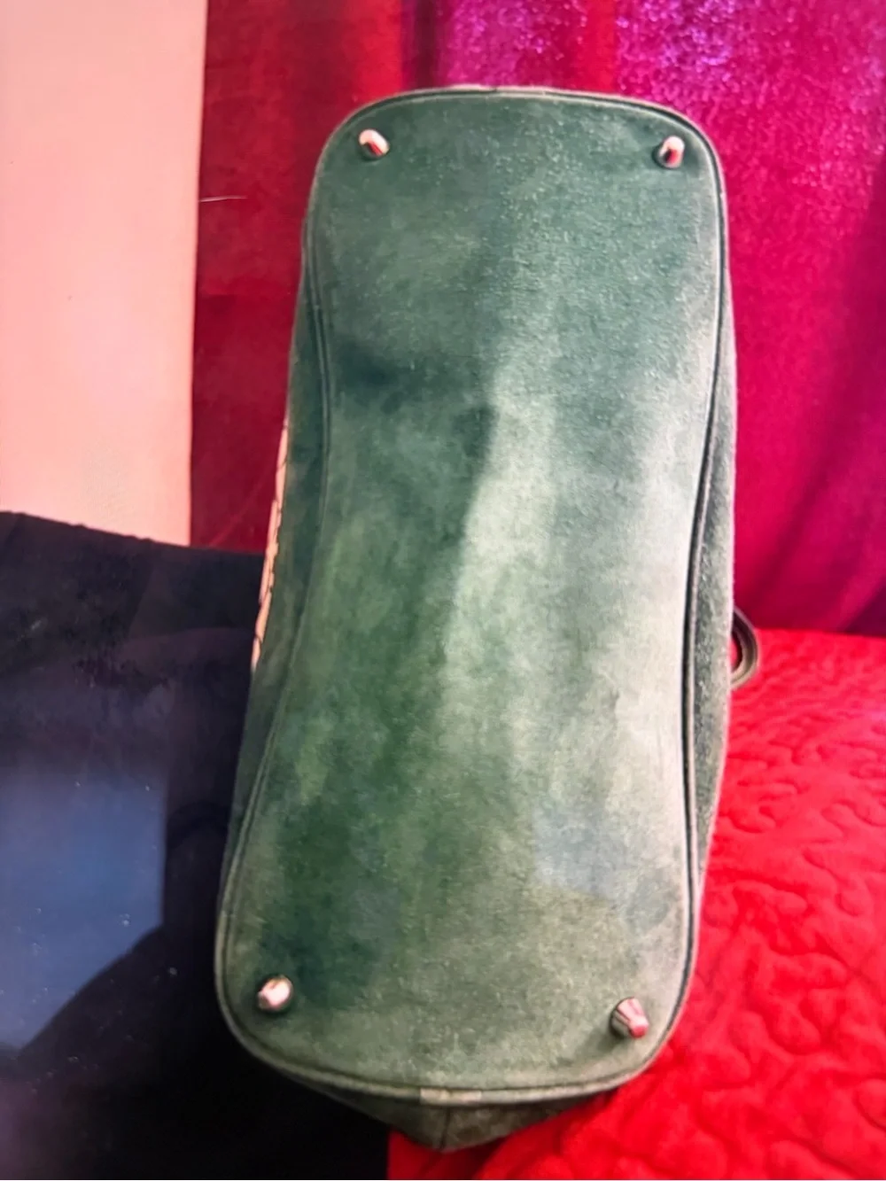 Vintage Coach Green Canvas & Suede Shoulder Bag with Signature Pattern
